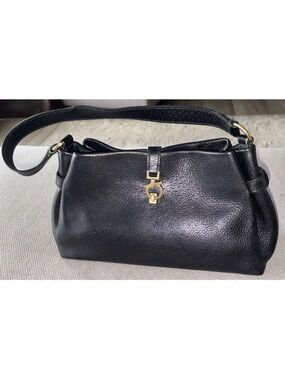 Salvatore Ferragamo Gancini Black Leather Shoulder Bag with Gold Hardware